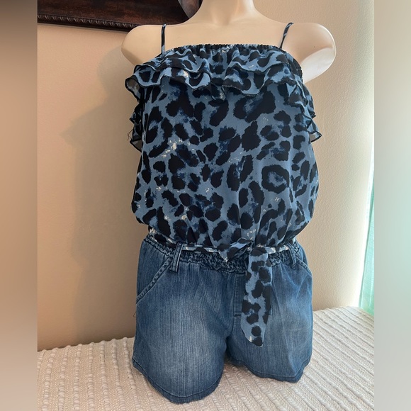 Blue Spice Pants - Blue Animal Print Denim Romper Size Medium